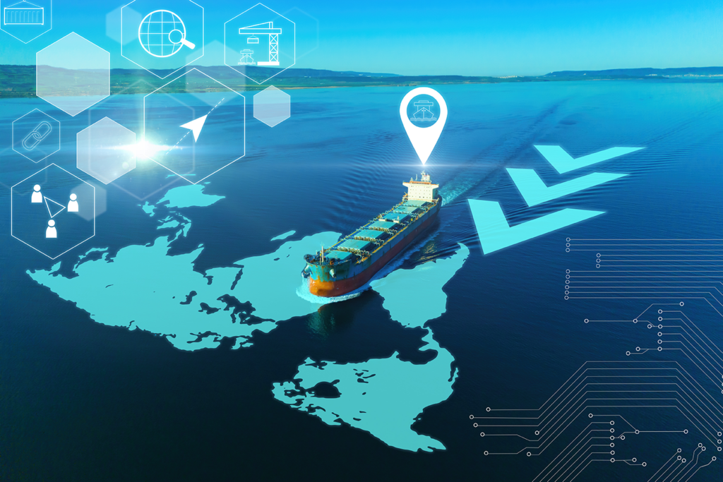 Cargo ship sailing and being monitored by Grydd's artificial intelligence