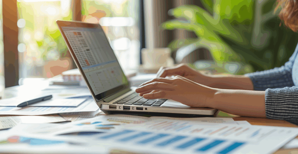 The owner of a supply chain management company is reviewing his financial reporting and analytics using a laptop computer.