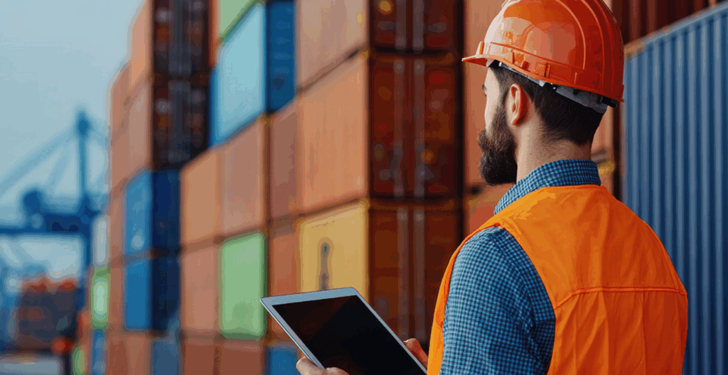 Close-up shot of a logistics agent holding a tablet, tracking the location of shipping containers. A container yard can be seen in the background.