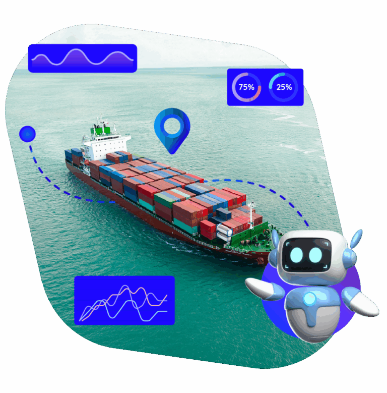 A graphic of a cargo ship in the ocean, displaying route, status, and time data, with real-time visibility.