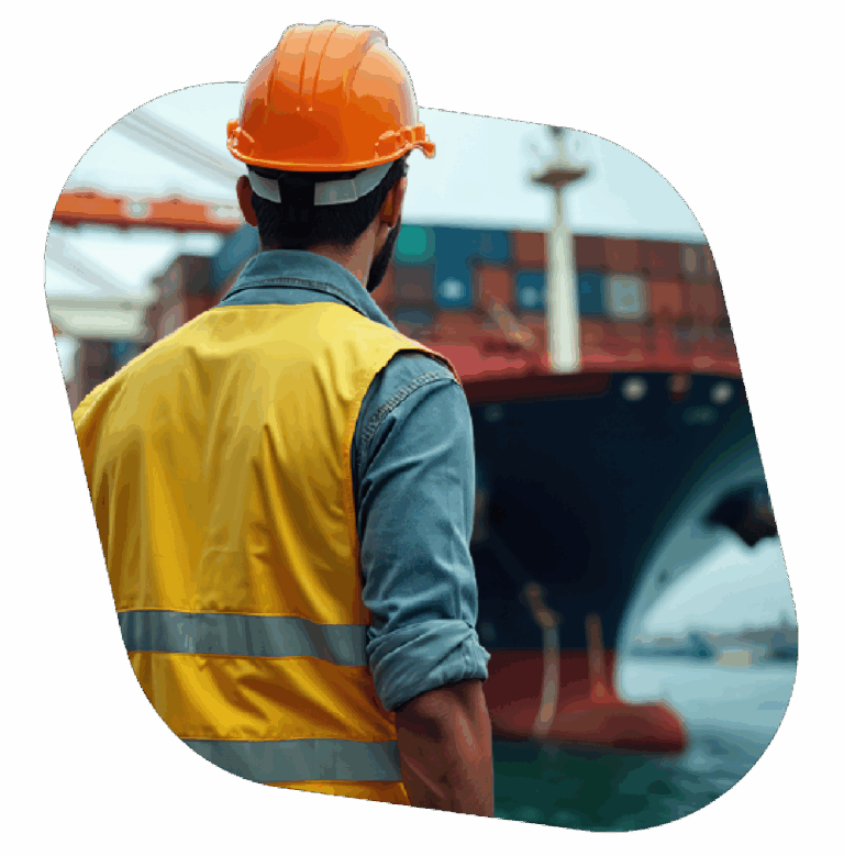 Port logistics agent looking at a cargo ship full of containers