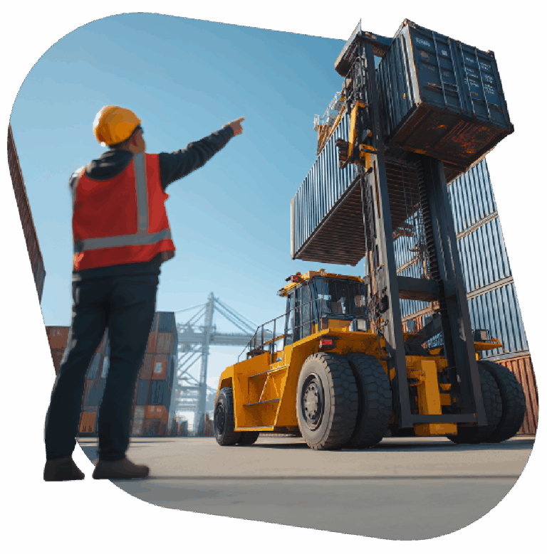 A port logistics agent operating a forklift, loading a container at a port.
