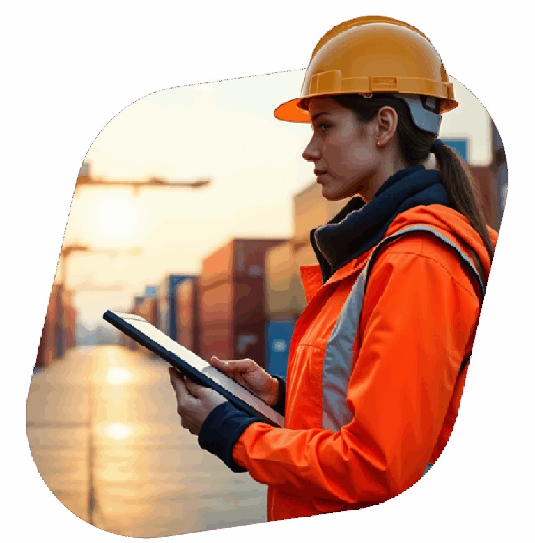 Close-up shot of a female logistics agent with a cargo ship in a port visible in the background.