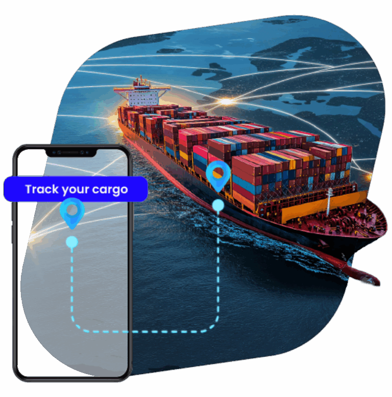 A cargo ship connected to a cell phone, symbolizing visibility and connectivity in the supply chain.