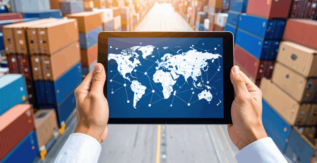 Close-up shot of the hands of a supply chain professional holding a tablet displaying container tracking data on a world map; a container yard can be seen in the background.